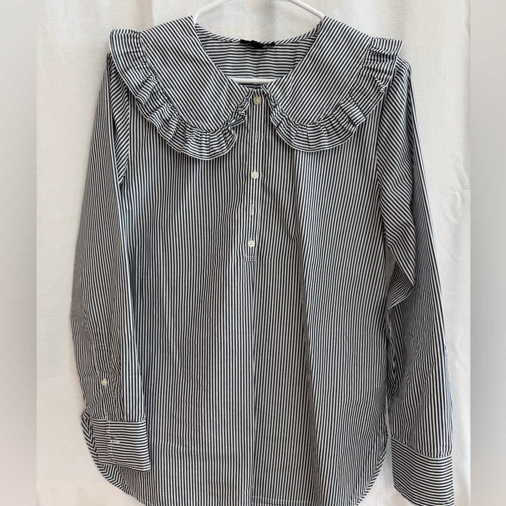 J. Crew Oversized Ruffle-Collar Shirt Women's 6 Black & White Striped AW714 - Picture 2 of 5